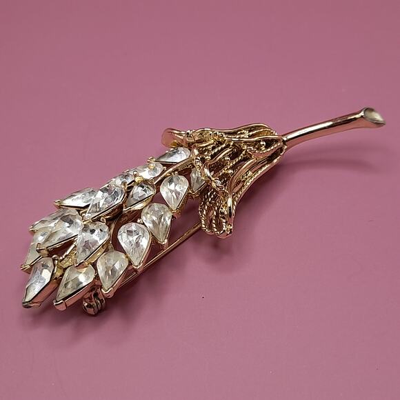 Vintage Coro Clear Rhinestone Floral Brooch, Gold Tone, 3 1/4 Inches - Picture 9 of 12